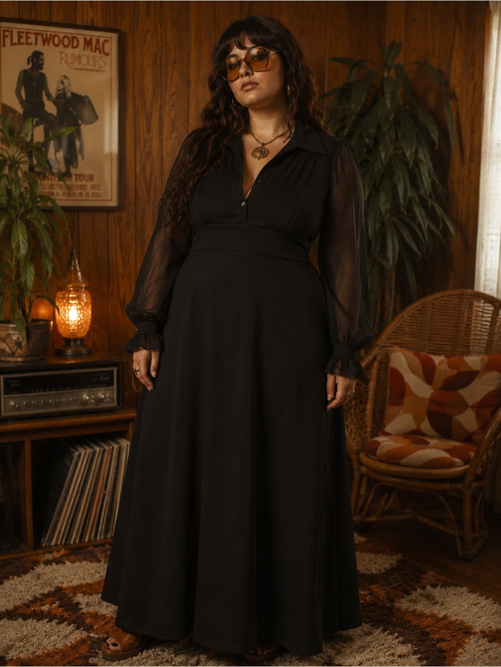 Vintage Mr. Bob 70’S 80’S Black Empire Waist Sheer Sleeve Maxi Dresss Size 14
